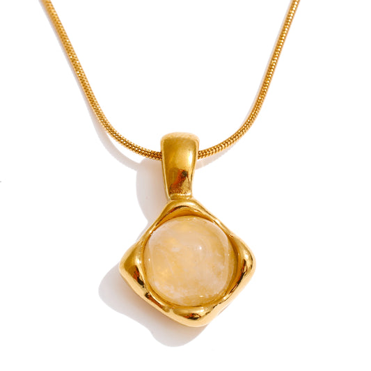 Citrine round cabochon square diamond pendant on gold snake chain necklace
