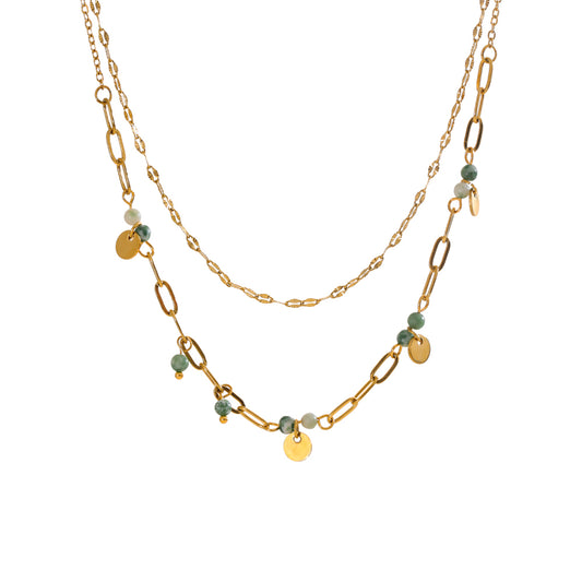 Double layer jade bead and gold coin charm necklace set