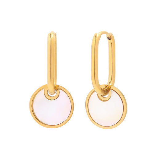 Mother of pearl round disc huggie hoop earrings gold
