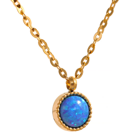 Blue opal round pendant on gold anchor chain necklace