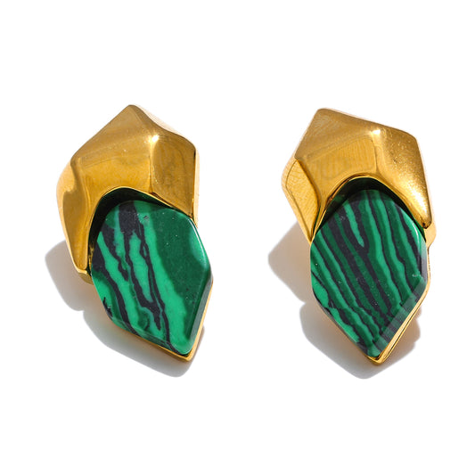 Malachite geometric gold stud earrings