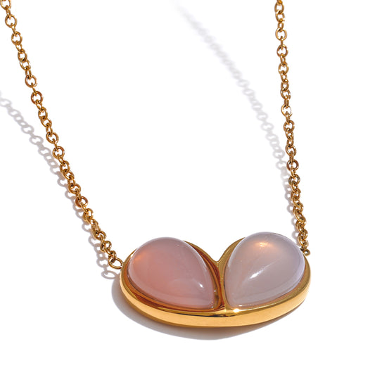 Dual rose quartz and chalcedony teardrop pendant gold necklace